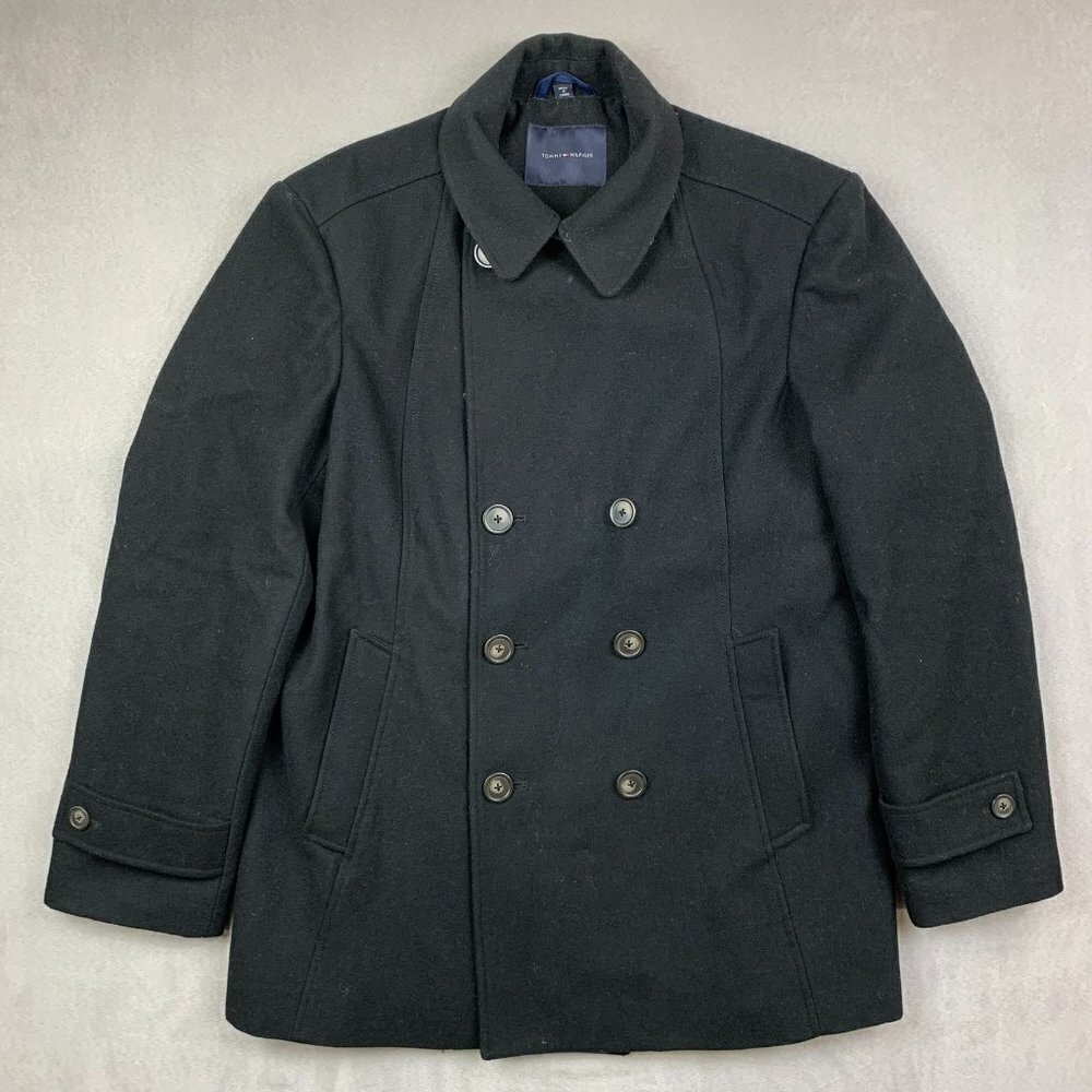 Tommy Hilfiger Mens Double Breasted Pea Coat 38S Medium Black Wool Jacket